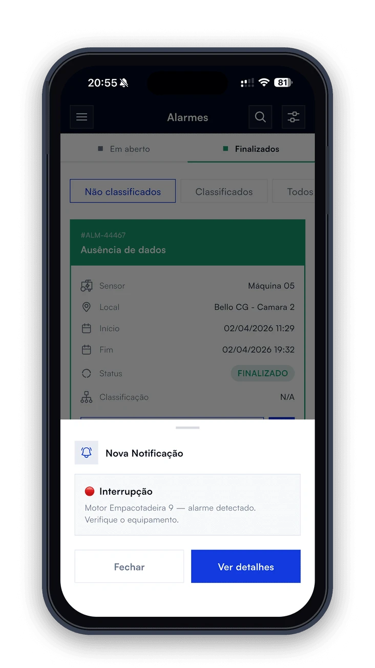 Aplicativo BEM exibindo uma notificação de interrupção no Motor Empacotadeira 9 e os detalhes de um alarme.
